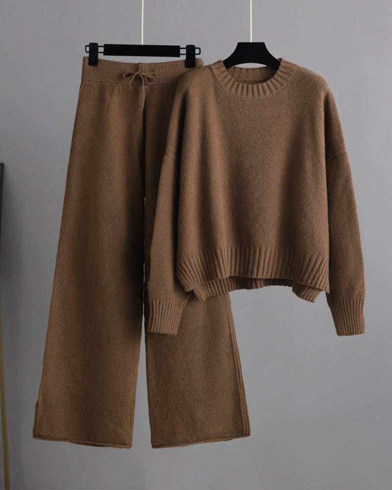 Casual Knit Two-Piece Set Loose-Fit Sweater and Wide-Leg Pants