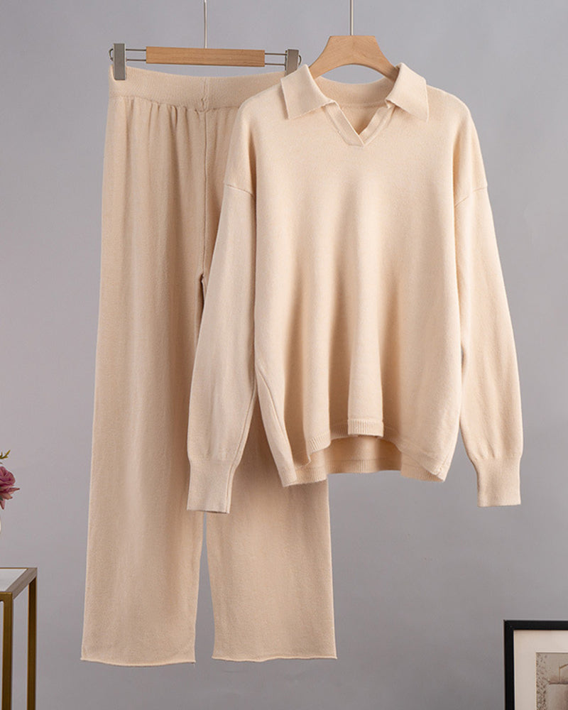 Casual Two-Pieces Outfits Lapel V Neck Sweater and Trousers Sets