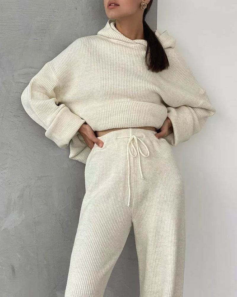 Casual Street Loose Two-piece Sweatsuit Hooded Knitted Loose Top + Wide-leg Pants