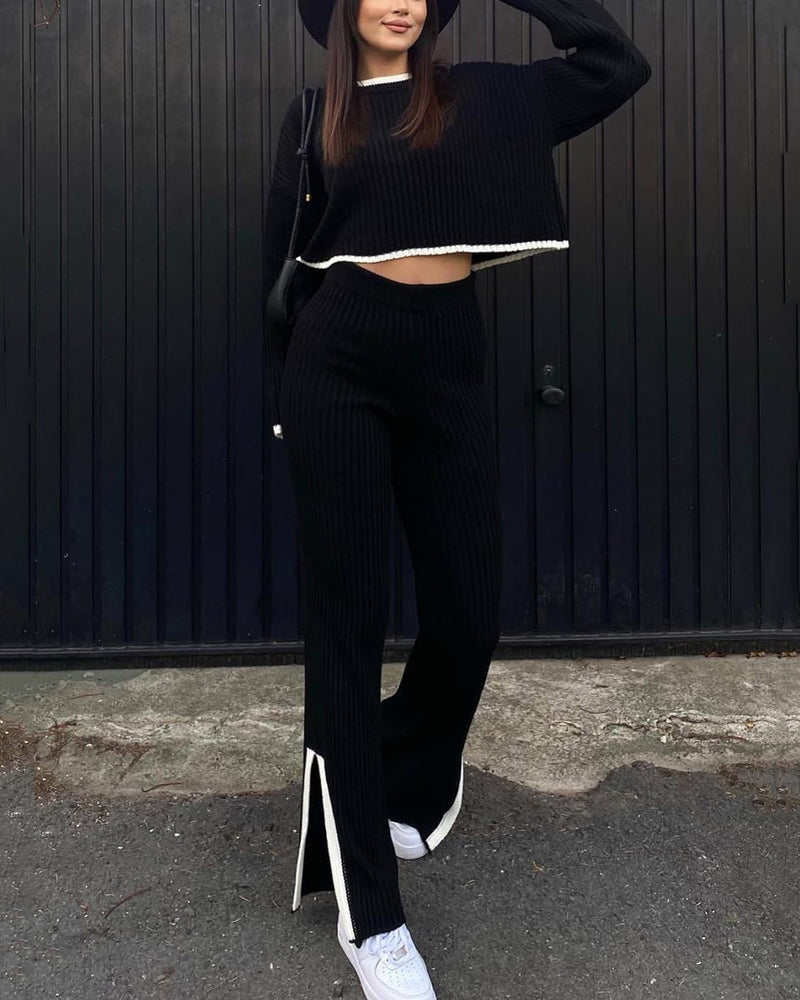 Knit Two Piece Outfit Color Block Cropped Top Long Pants Ribbed Sweater Set