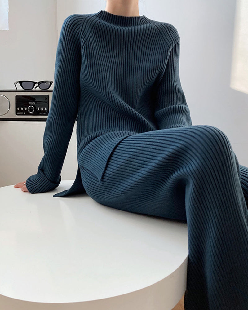 Solid Color Knitted Two Piece Casual Loose Loungewear Knit Sweater&Pants Set