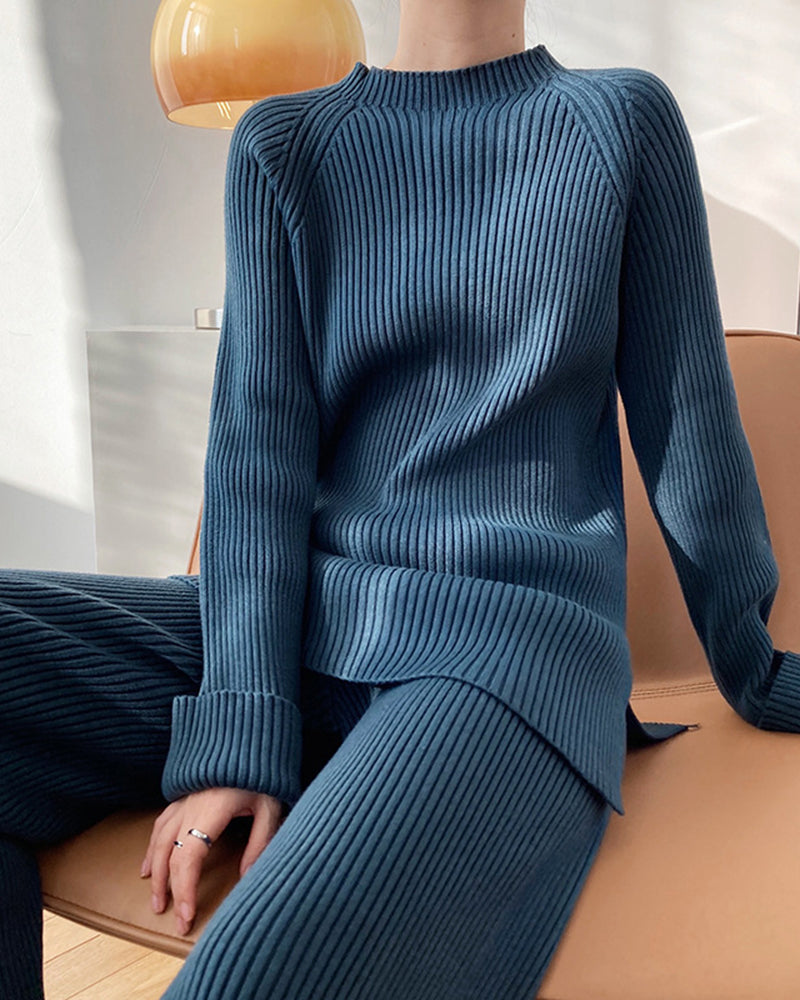 Solid Color Knitted Two Piece Casual Loose Loungewear Knit Sweater&Pants Set