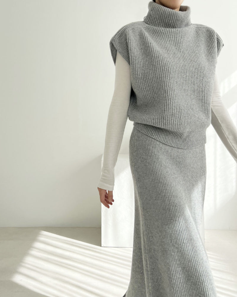 Casual Two-piece Outfits Turtleneck Sleeveless Sweater Vest and Mid-length Skirts Sets