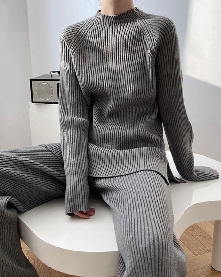 Solid Color Knitted Two Piece Casual Loose Loungewear Knit Sweater&Pants Set