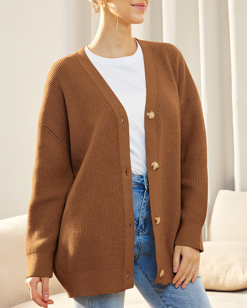 Open Front Oversized Button Lightweight Sweaters V Neck Loose Cardigans Knit Outwear