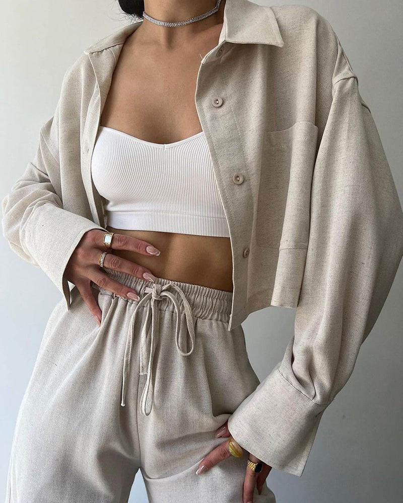 Two Piece Outfits Casual Lounge Sets Long Sleeve Short Casual Shirt with Drawstring Trousers Set