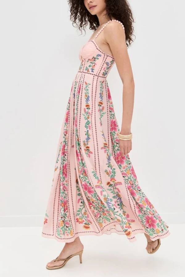 Delicate Forest Unique Print Sweetheart Neck Beaded Straps Maxi Dress aluezos Delicate Forest Unique Print Sweetheart Neck Beaded Straps Maxi Dress aluezos