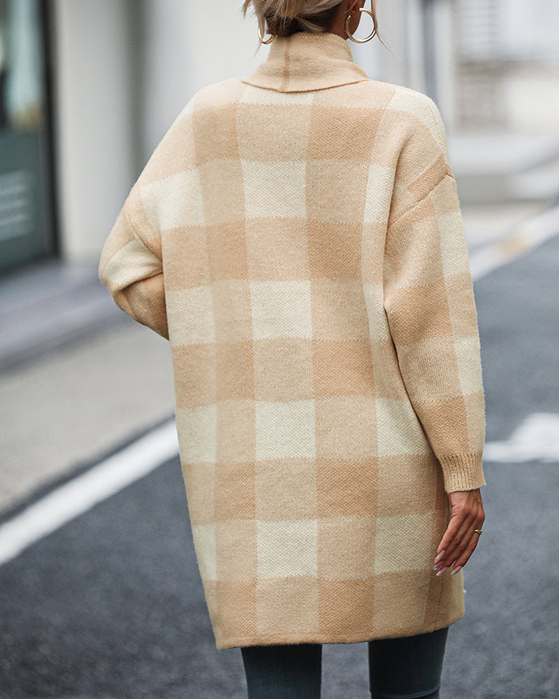 Plaid Dropped Shoulder Cardigan with Pocket