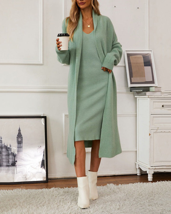 Casual Knitted Cardigan And Sweater Dress Two-Piece Set