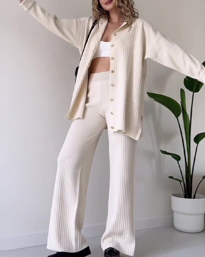 Solid Color Design Button Ribbed Knitted Two Piece Sets