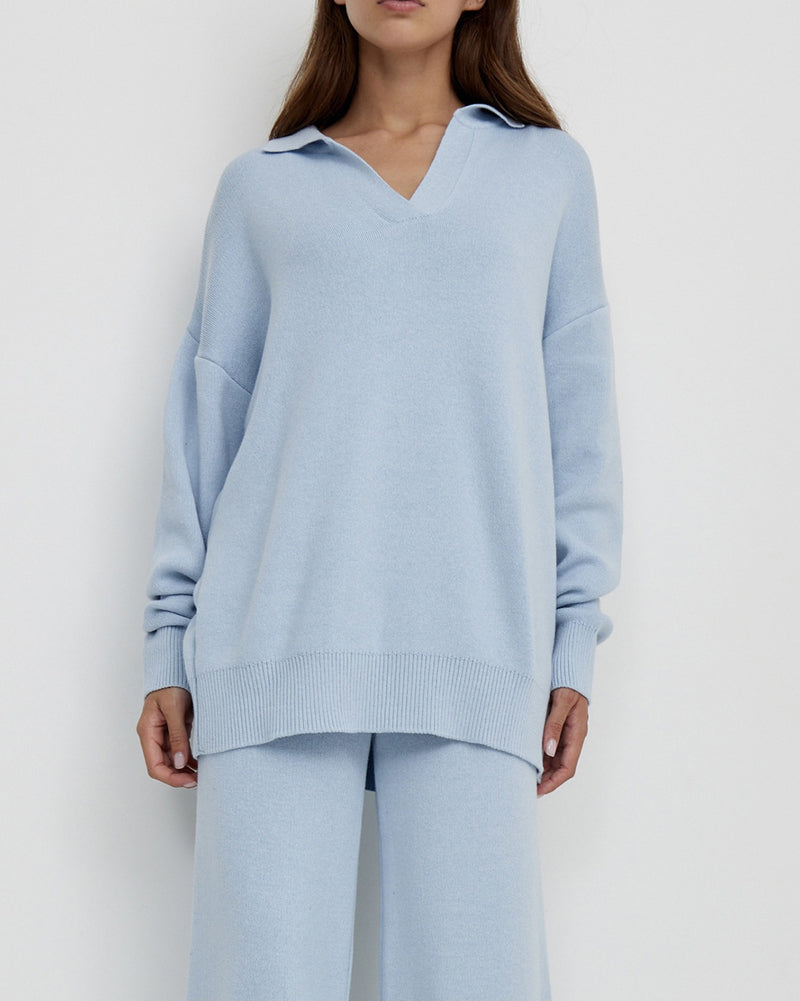 Casual Two-Pieces Outfits Lapel V Neck Sweater and Trousers Sets