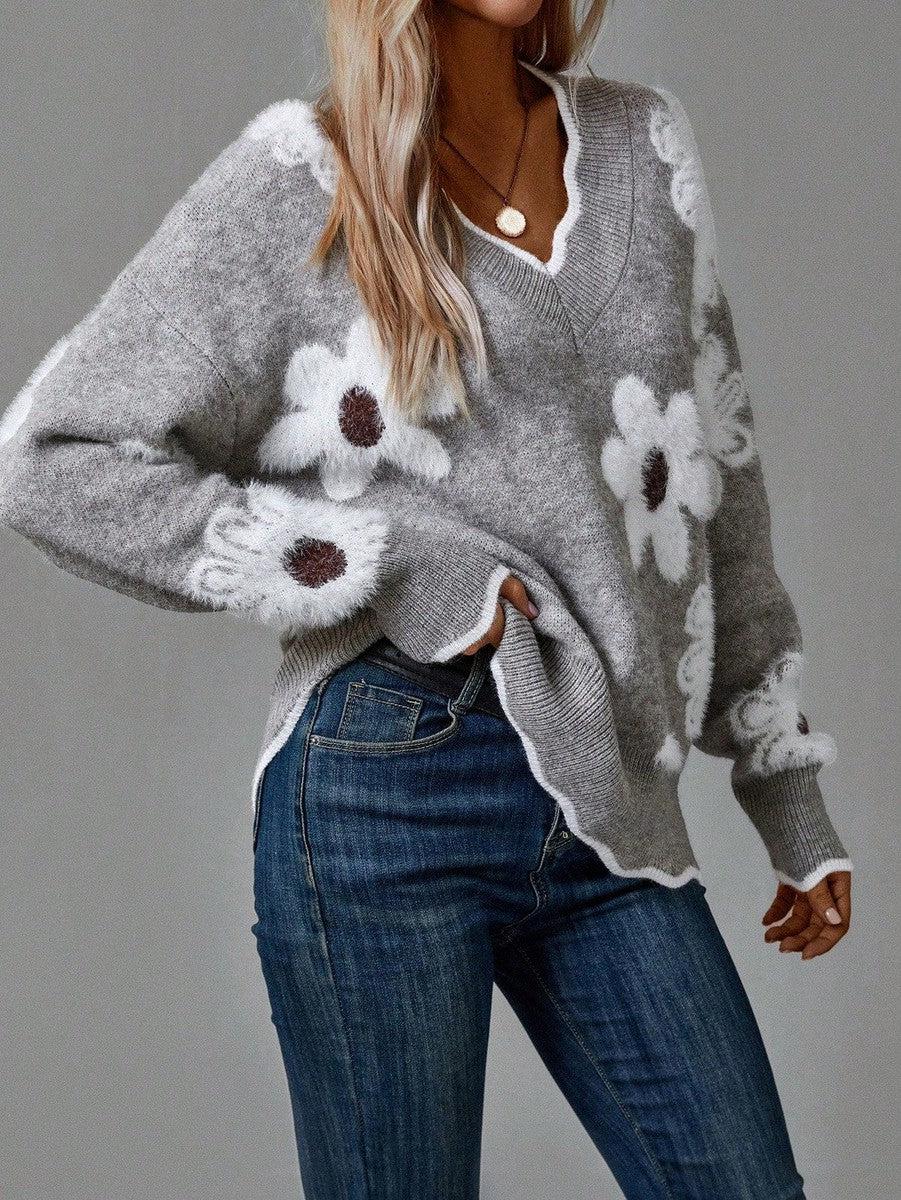Grey V-Neck Floral Print Sweater