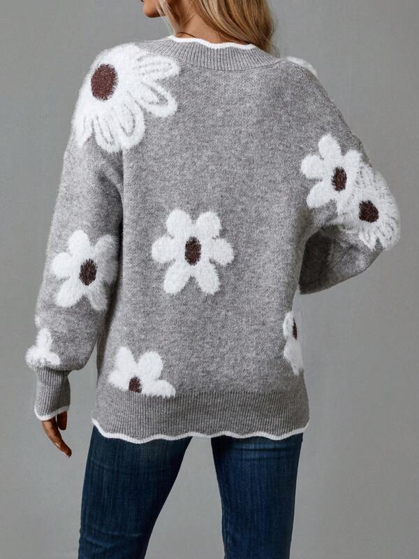 Grey V-Neck Floral Print Sweater