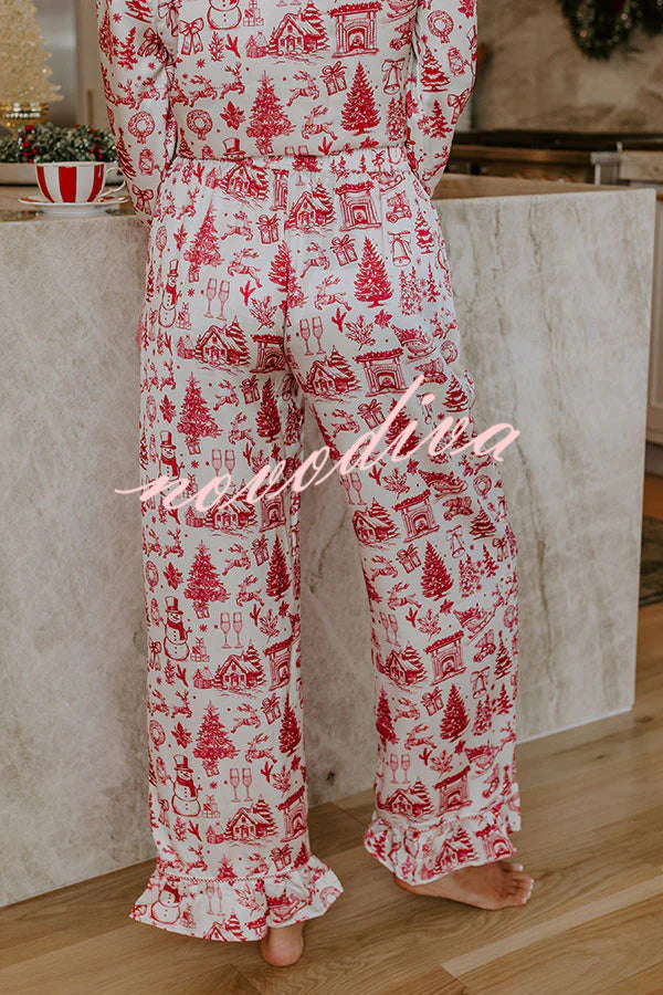 Christmas Night Satin Loose Shirt and Elastic Waist Pocketed Pajama Set