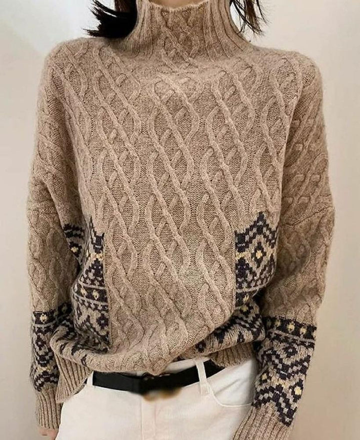 Stylish High Neck Cable-Knit Long Sleeve Printed Sweater