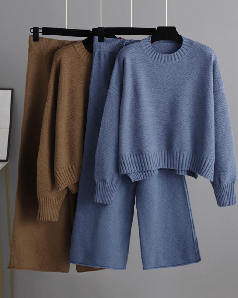 Casual Knit Two-Piece Set Loose-Fit Sweater and Wide-Leg Pants