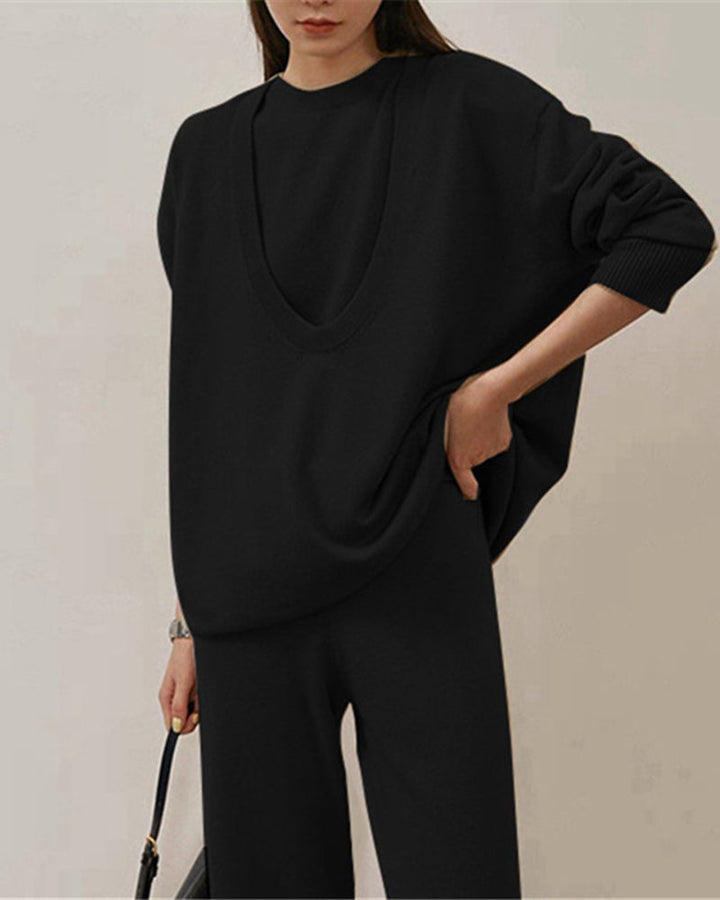 Casual Knit Long Sleeve Shirt Knit Vest Pants Three Piece Set