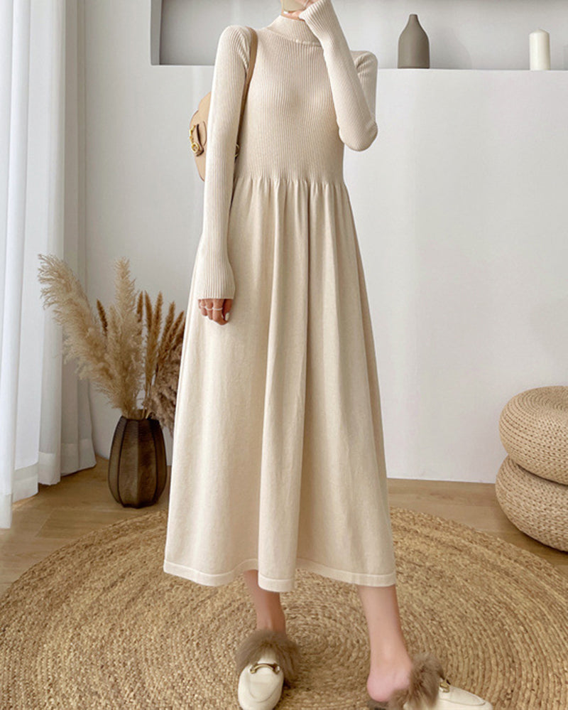 Long-Sleeve High Neck Plain Ribbed Midi A-Line Knit Dress