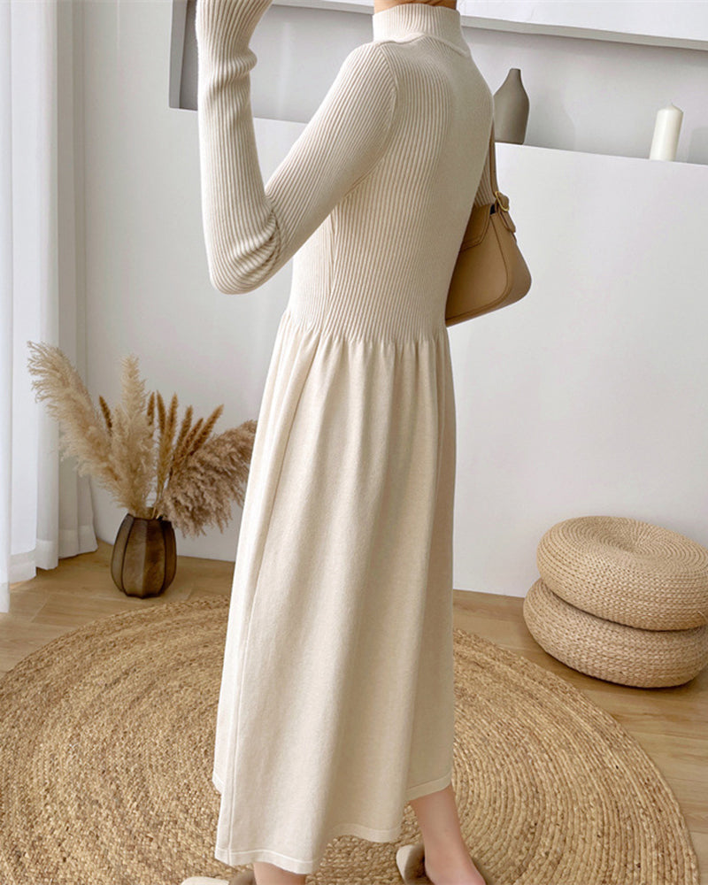 Long-Sleeve High Neck Plain Ribbed Midi A-Line Knit Dress