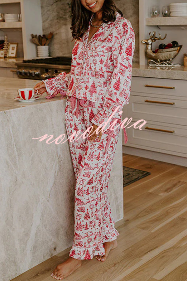 Christmas Night Satin Loose Shirt and Elastic Waist Pocketed Pajama Set