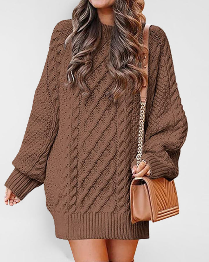 Crewneck Long Sleeve Loose Oversized Cable Knit Chunky Pullover Short Sweater Dresses