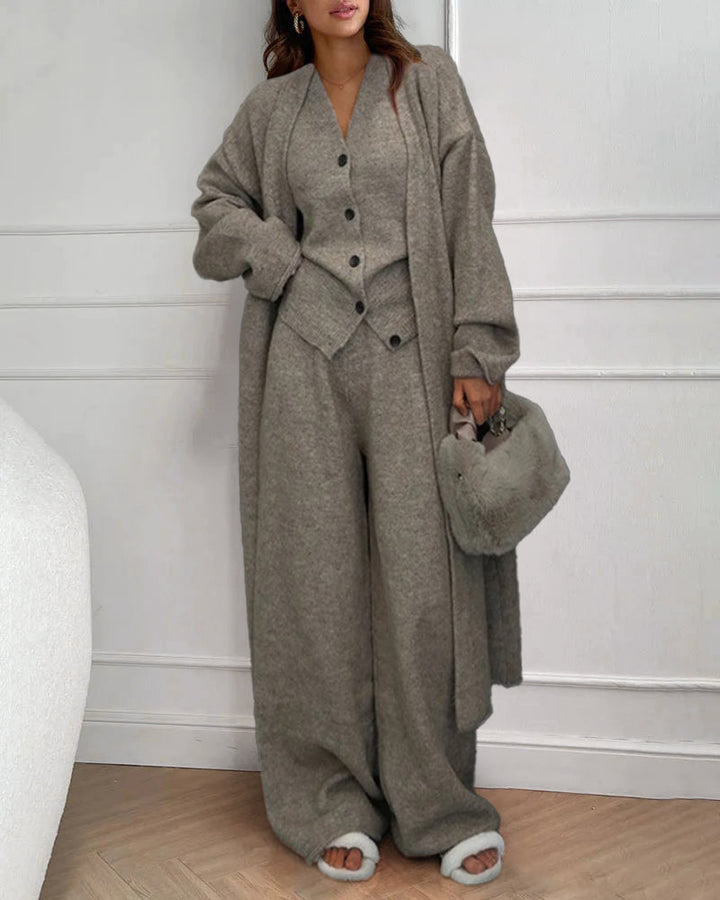 Knitted Three Piece Set Cardigan Sweater Vest and Wide Leg Pants