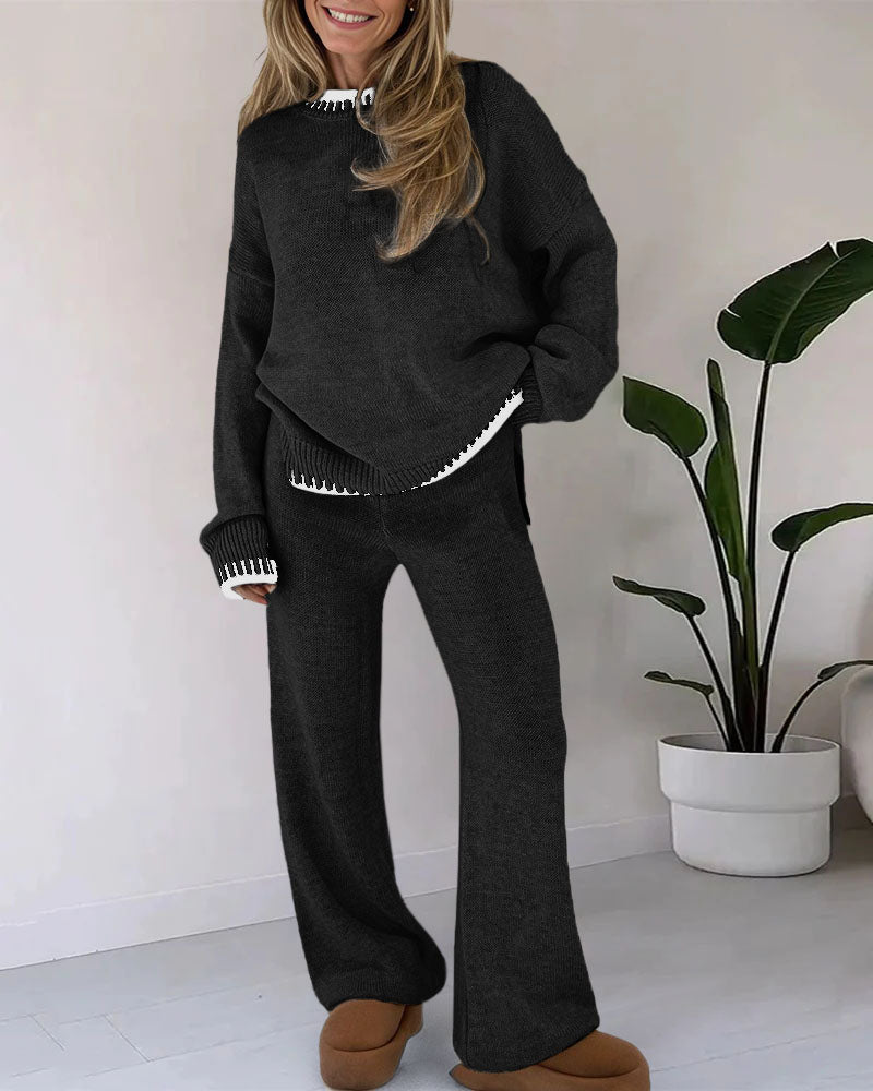 Casual Two-Pieces Outfits Contrast Trim Knitted Jumper and Trousers Sets