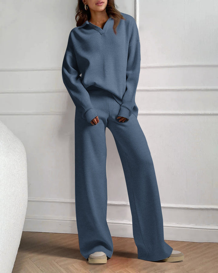 Casual Two-Pieces Outfits Lapel V Neck Sweater and Trousers Sets