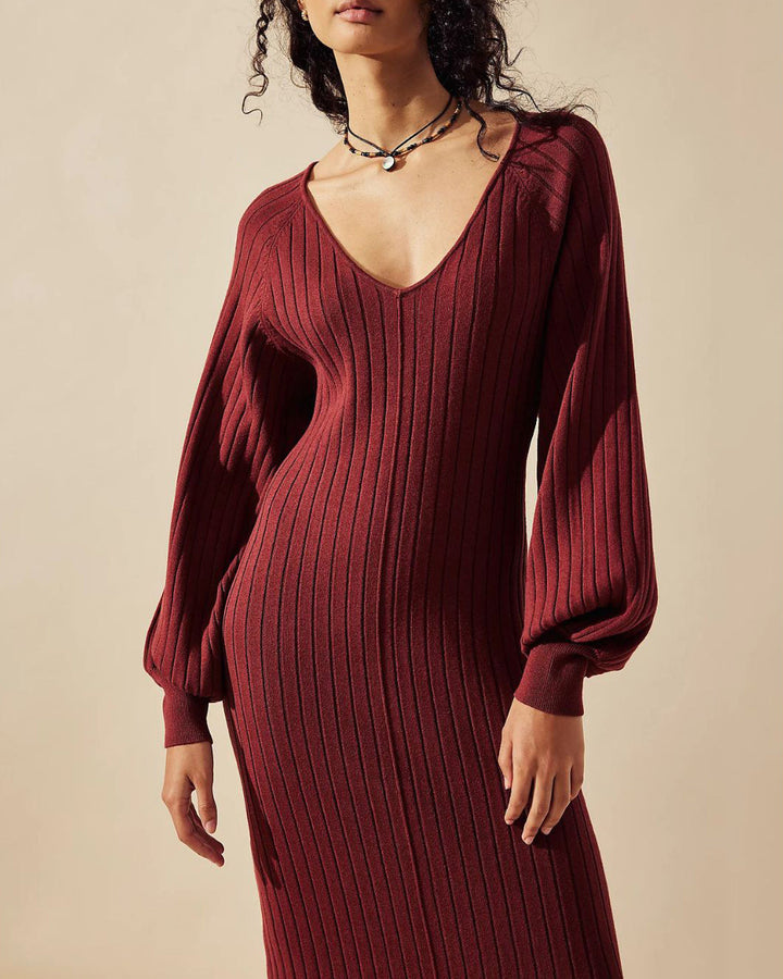 Casual Solid Color Knitted Dress V-neck Sweater Dress