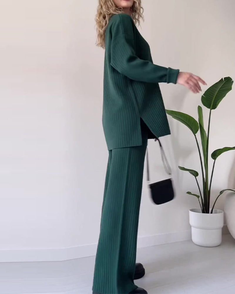 Solid Color Design Button Ribbed Knitted Two Piece Sets