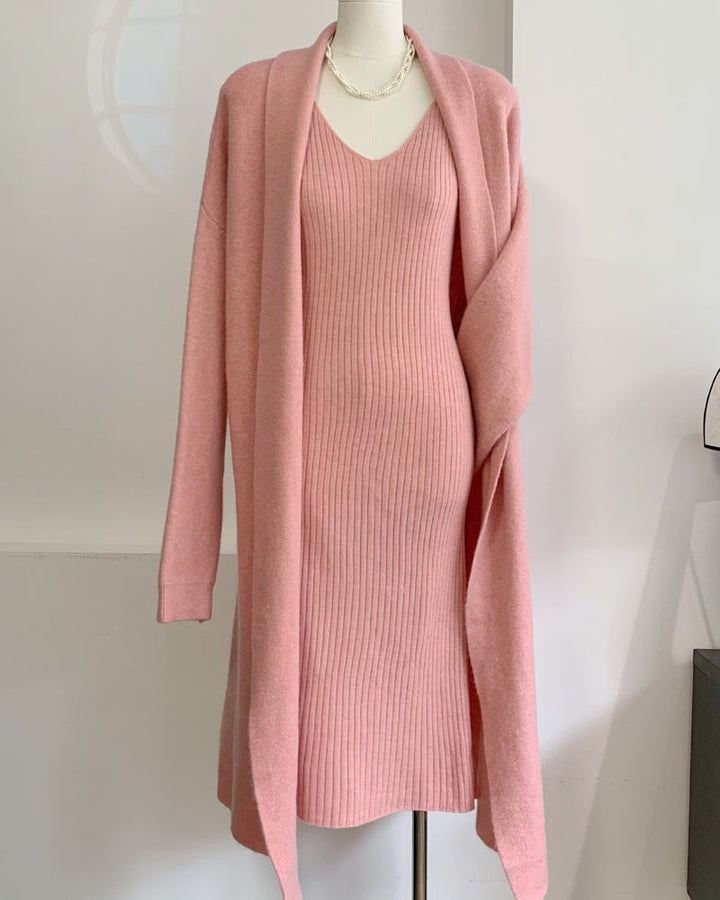 Casual Knitted Cardigan And Sweater Dress Two-Piece Set