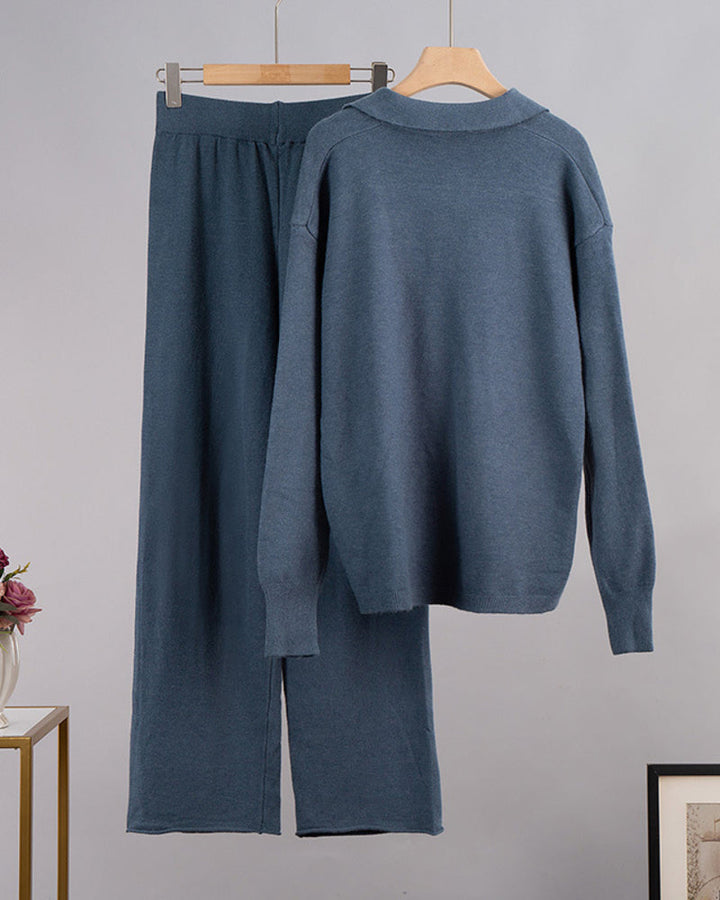 Casual Two-Pieces Outfits Lapel V Neck Sweater and Trousers Sets