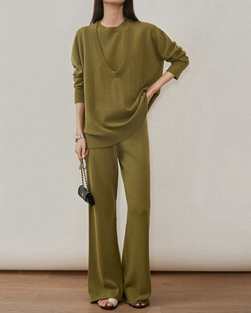 Casual Knit Long Sleeve Shirt Knit Vest Pants Three Piece Set