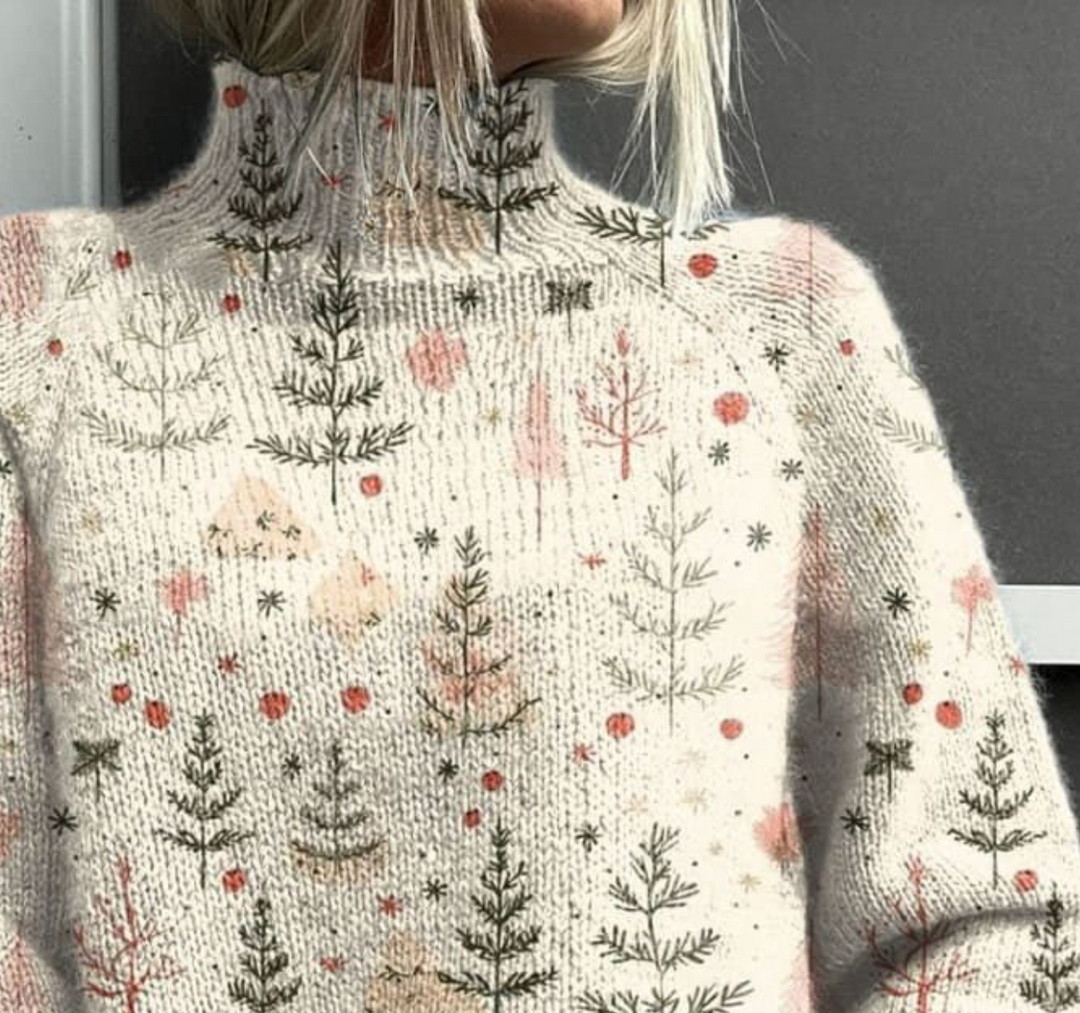 Elegant Plant Print High Neck Long Sleeve Sweater