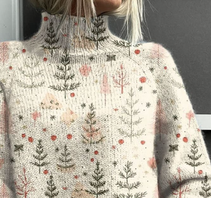 Elegant Plant Print High Neck Long Sleeve Sweater