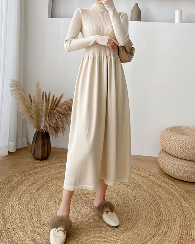 Long-Sleeve High Neck Plain Ribbed Midi A-Line Knit Dress