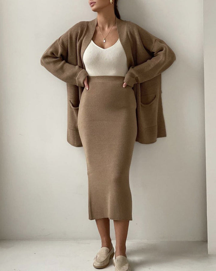 Two Piece Outfit Sweater Set Knitted Cardigan Loose High Waist Long Skirts
