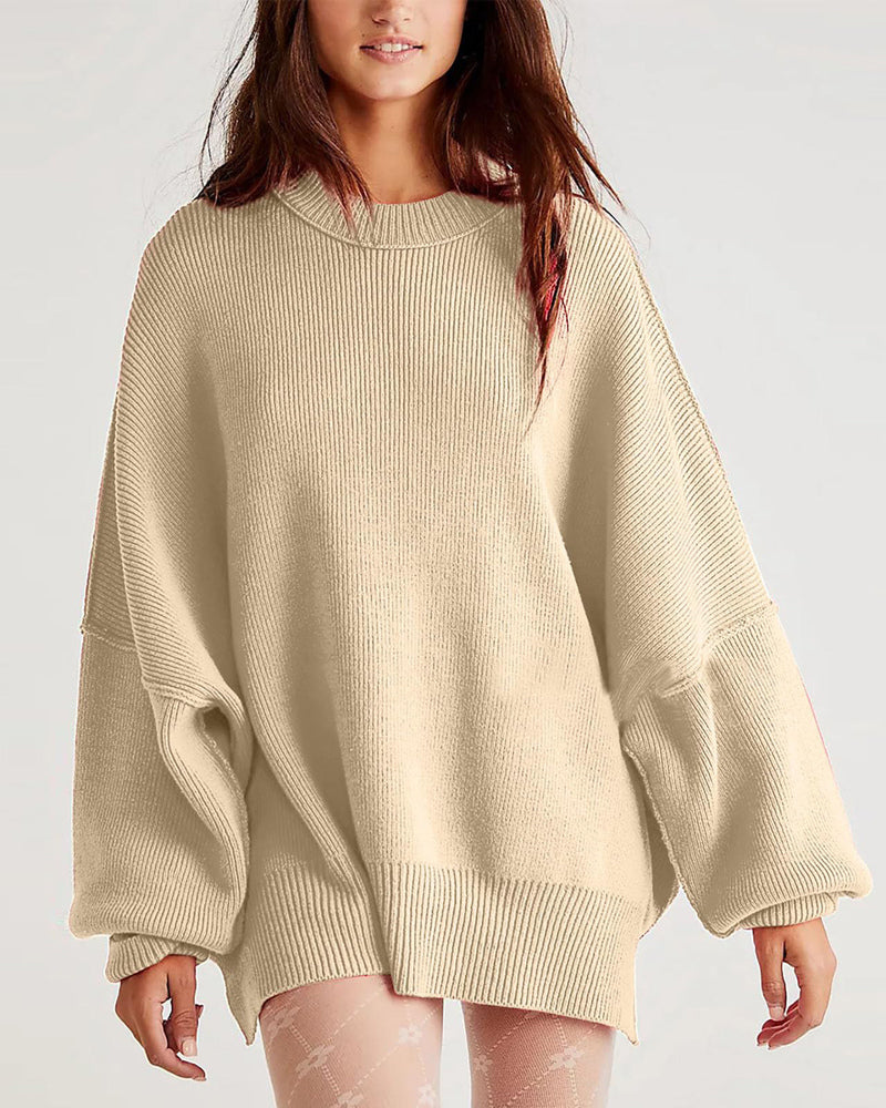 Lantern Sleeve Mock Neck Pullover with Ribbed Cinch Hem Batwing Sweater