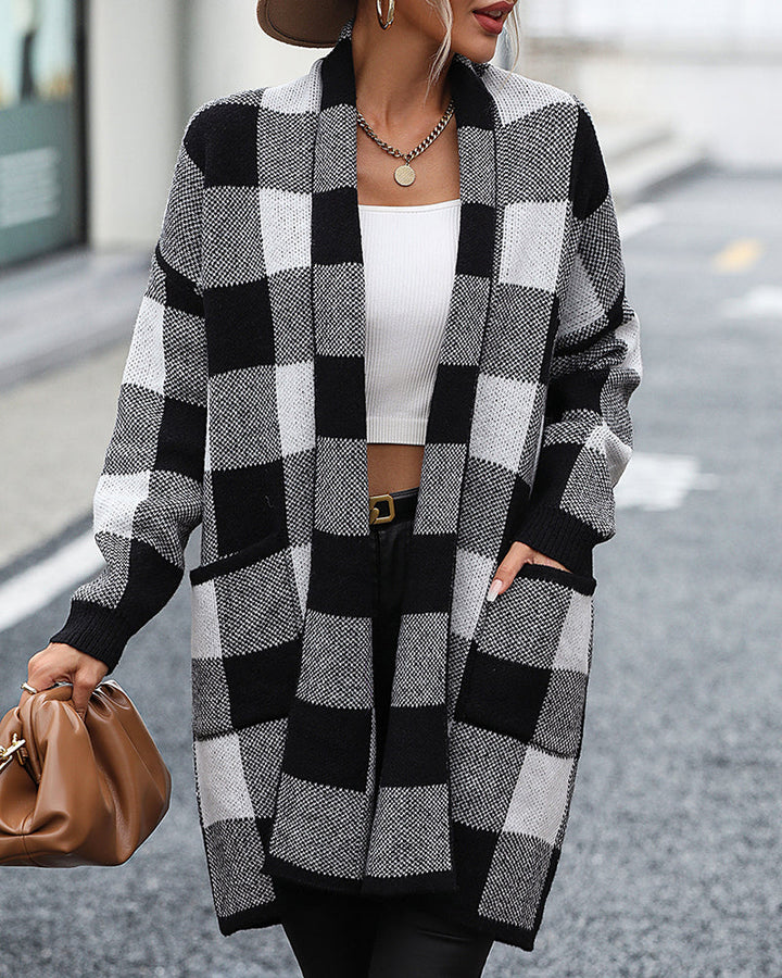 Plaid Dropped Shoulder Cardigan with Pocket