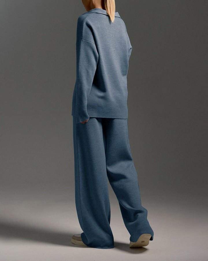 Casual Two-Pieces Outfits Lapel V Neck Sweater and Trousers Sets