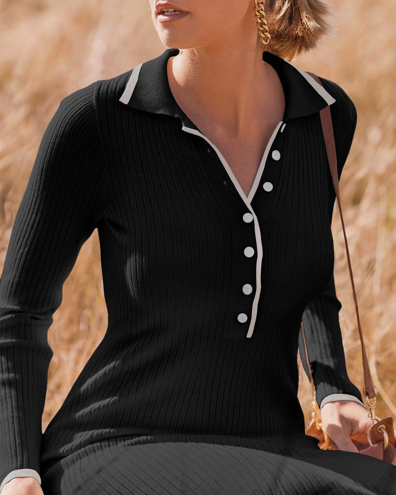 Turndown Collar Button Knit Slim Fit Maxi Dress