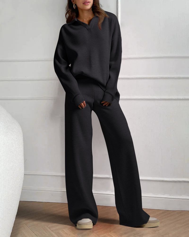 Casual Two-Pieces Outfits Lapel V Neck Sweater and Trousers Sets
