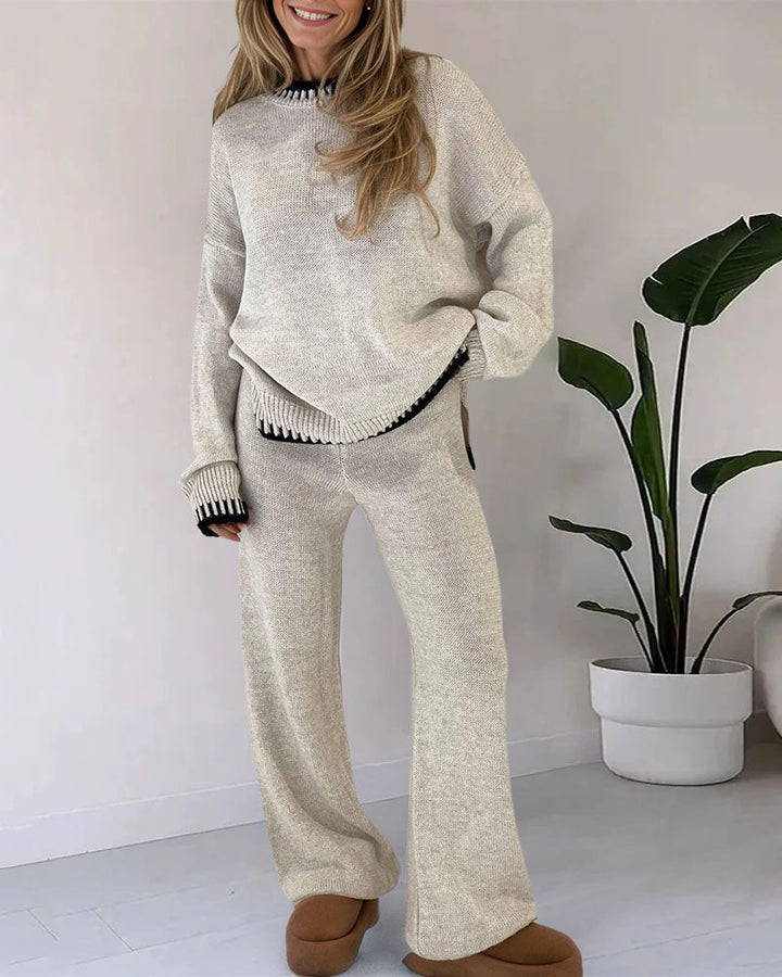 Casual Two-Pieces Outfits Contrast Trim Knitted Jumper and Trousers Sets