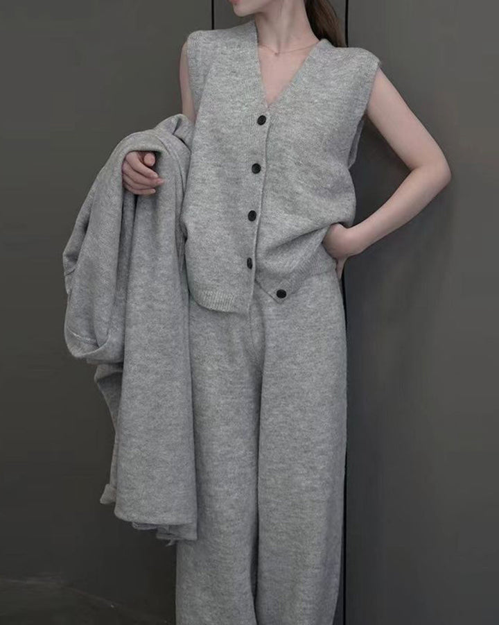Knitted Three Piece Set Cardigan Sweater Vest and Wide Leg Pants
