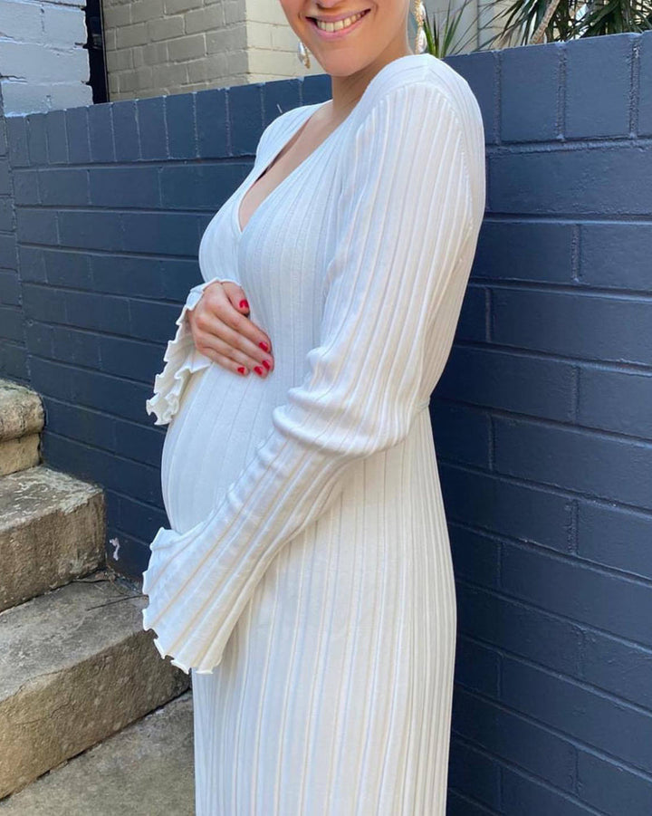 Long Sleeve Dress V-Neck Knit Maxi Dress Ribbed Elegant Long High Waist Pleated Dresses