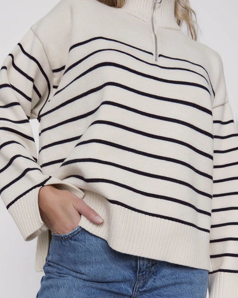 Mock Neck Zip-Up Striped Pullover Loose Sweater