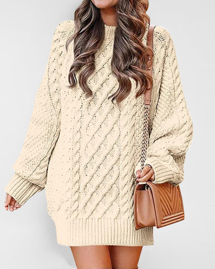 Crewneck Long Sleeve Loose Oversized Cable Knit Chunky Pullover Short Sweater Dresses