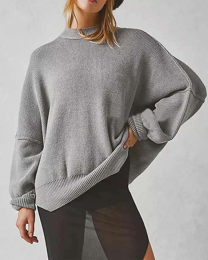 Lantern Sleeve Mock Neck Pullover with Ribbed Cinch Hem Batwing Sweater