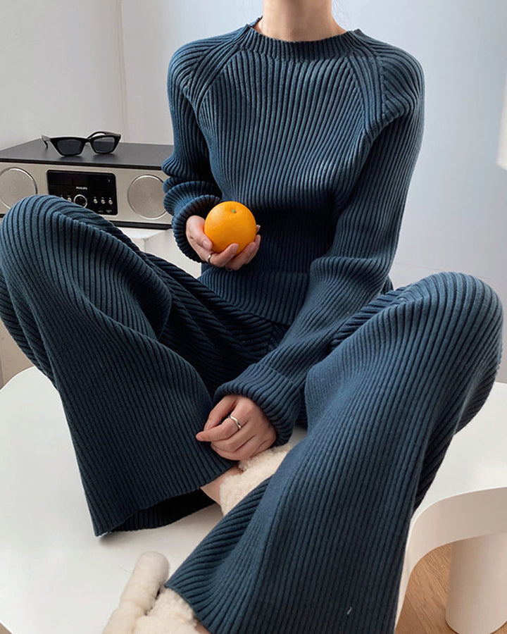 Solid Color Knitted Two Piece Casual Loose Loungewear Knit Sweater&Pants Set