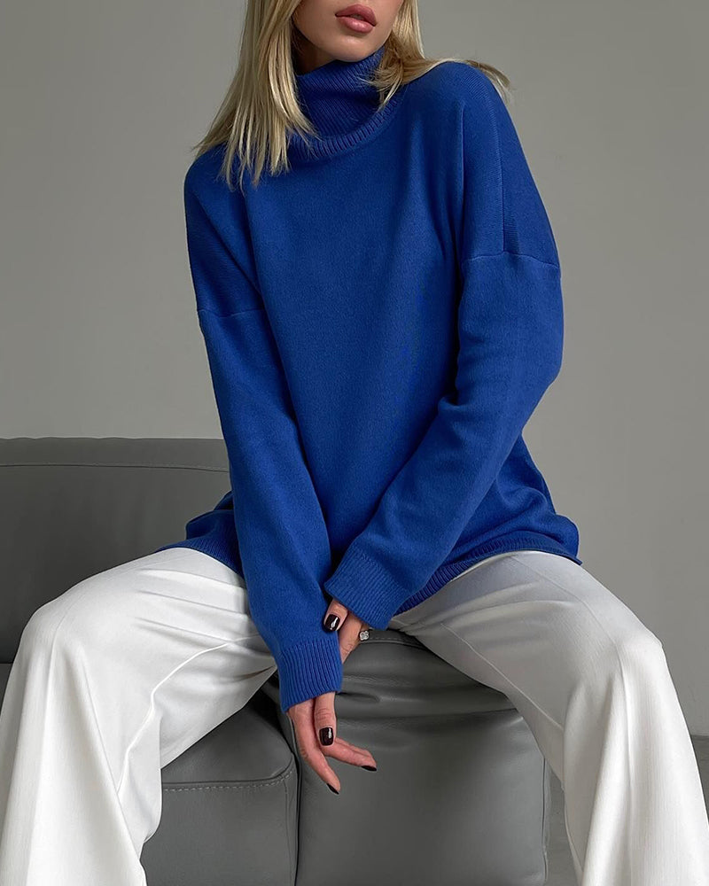 Turtleneck Loose Hem Slit Long Sleeve Knitted Pullover Sweater Tops